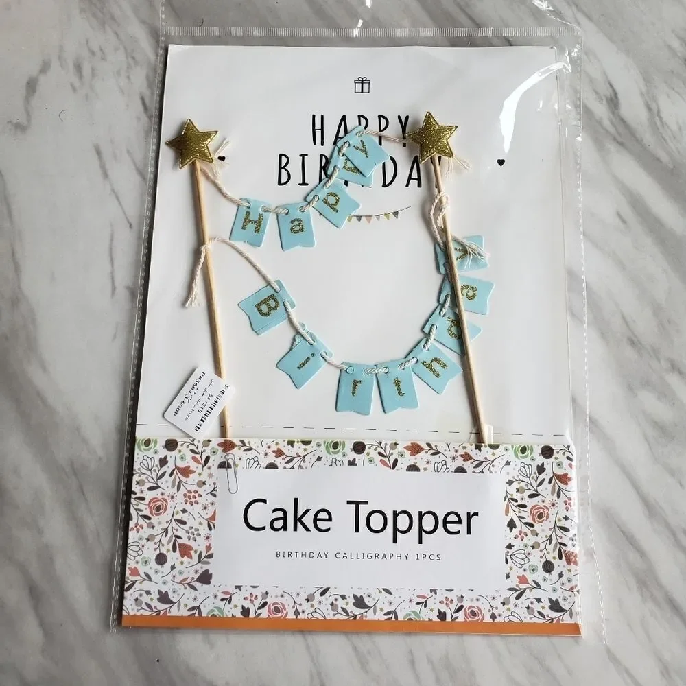 Happy Birthday Blue Gold Large Cake Topper Banner NWT